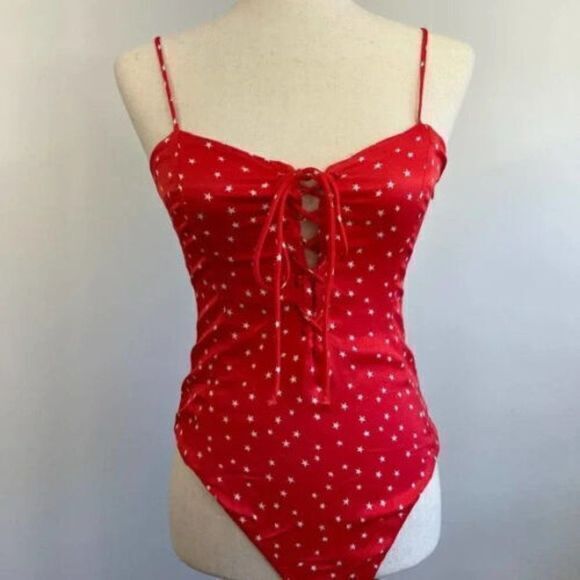 NEW Zara Satin Star Print Effect Red Adjustable Bodysuit‎ Top Womens Size L - Picture 2 of 5